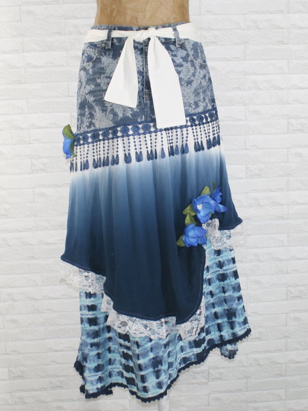 HAND CRAFTED Upcycled Skirt Set Denim Jean Tie Dye Boho Lace Floral Maxi Blue 12 - Picture 3 of 16